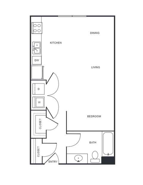 Floor plan for studio, 1 bath, 558 sqft